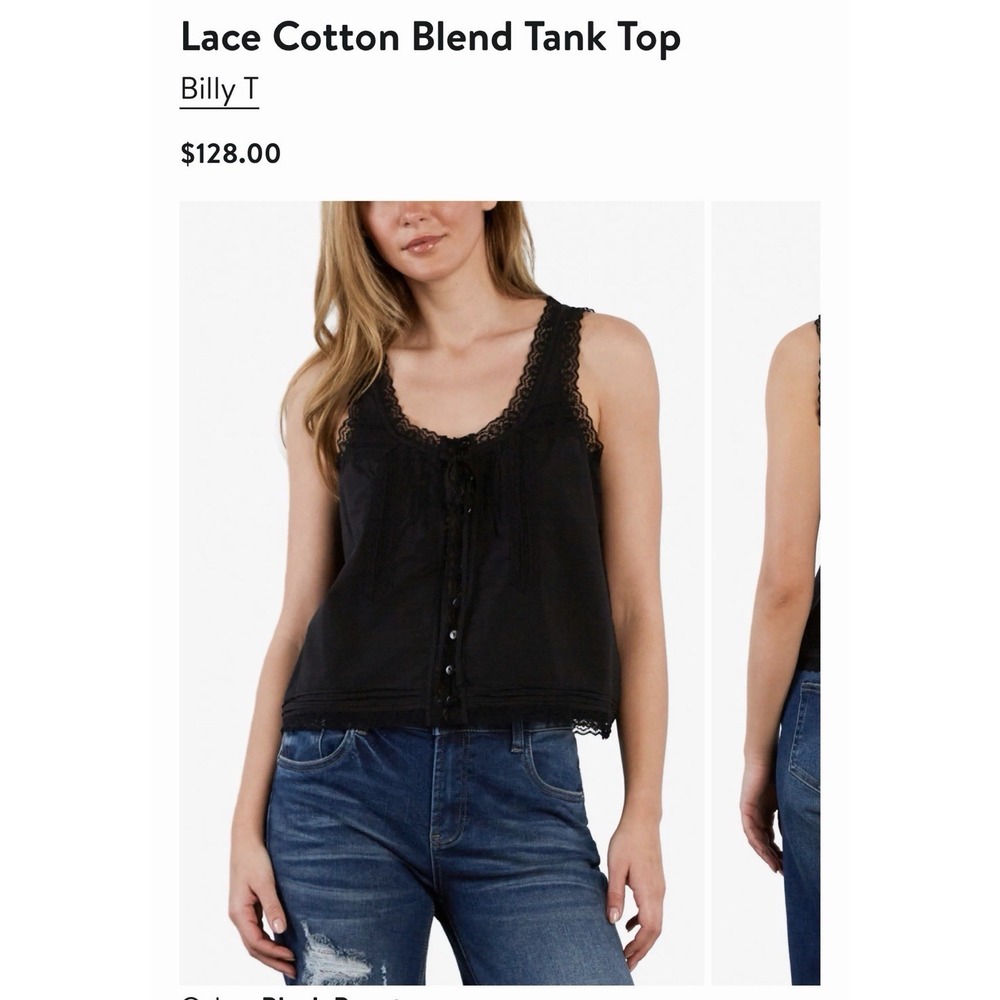 Billy T Black Cotton Blend Cottage Lace Cami Sleeveless Tank Top Size Small